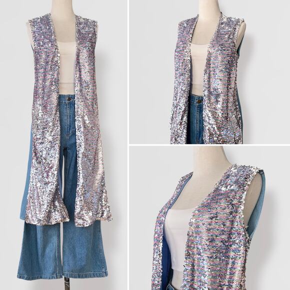 Betsey Johnson Sequin Duster Vest Y2K Fairy Festival Denim Disco Glam Rave Maxi - Picture 1 of 9